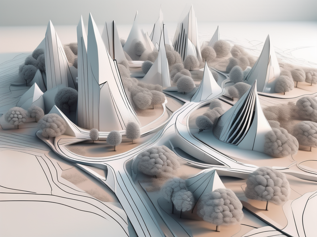 A futuristic computer generating a 3d model of a complex landscape