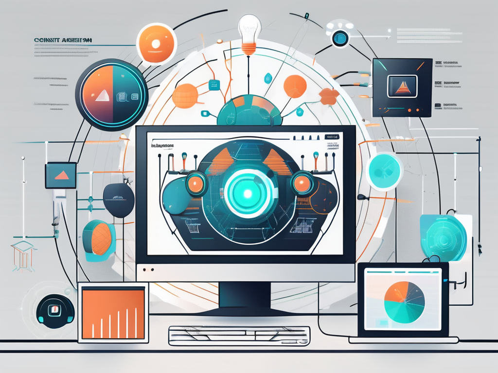 A futuristic ai machine with various digital screens showing different stages of video creation